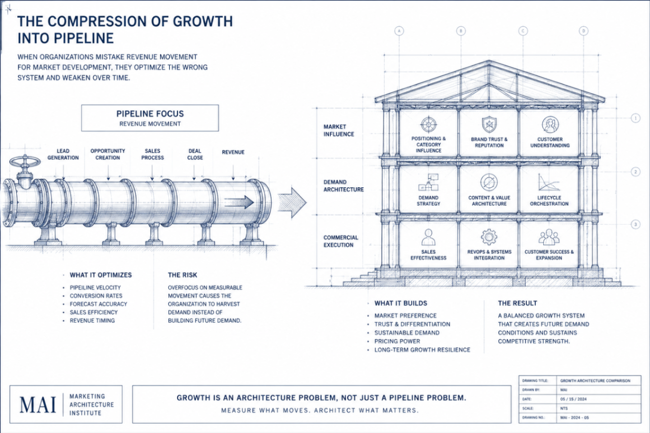Diagram comparing pipeline-focused revenue movement against a full growth architecture — showing market influence, demand architecture, and commercial execution layers